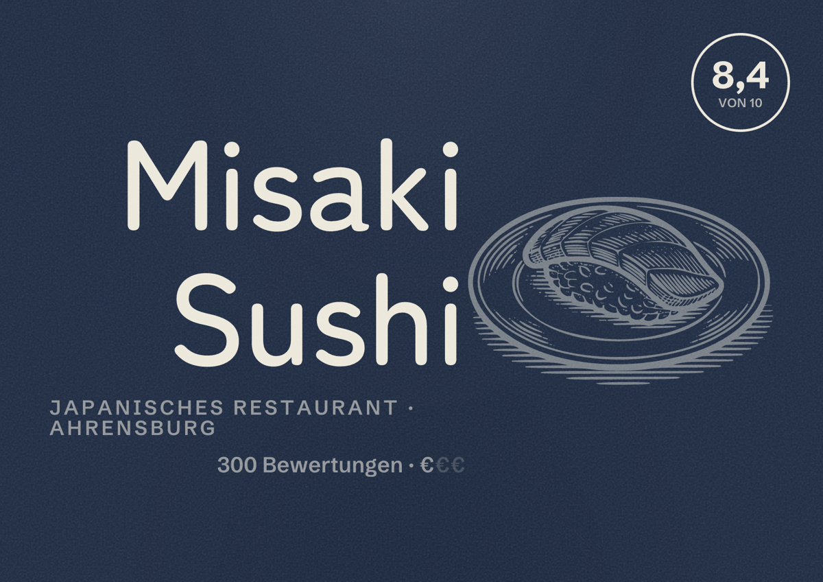 Illustriertes Poster von Misaki Sushi, Japanisches Restaurant in Ahrensburg: Bewertung 8,4 von 10 aus 300 Bewertungen, Preisniveau €