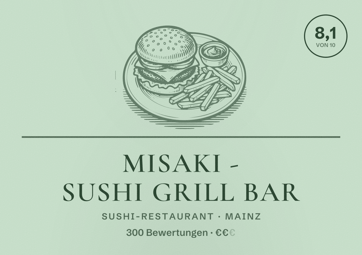 Illustriertes Poster von Misaki - Sushi Grill Bar, Sushi-Restaurant in Mainz: Bewertung 8,1 von 10 aus 300 Bewertungen, Preisniveau €€
