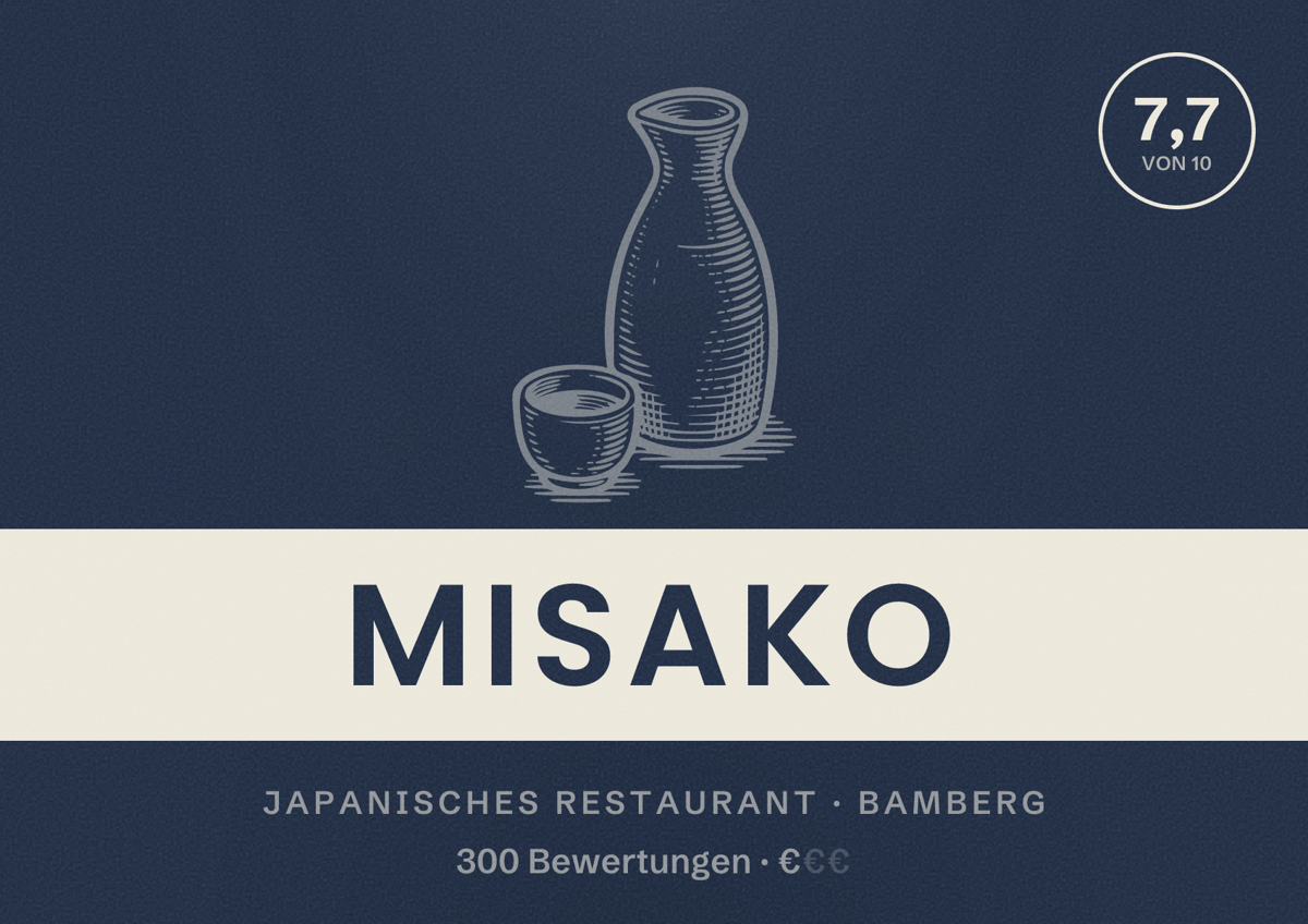 Illustriertes Poster von Misako, Japanisches Restaurant in Bamberg: Bewertung 7,7 von 10 aus 300 Bewertungen, Preisniveau €