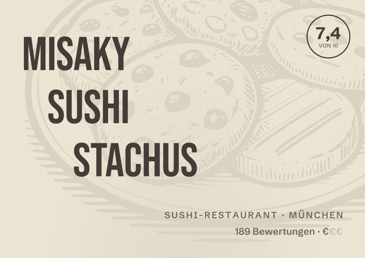 Illustriertes Poster von Misaky Sushi Stachus, Sushi-Restaurant in München: Bewertung 7,4 von 10 aus 189 Bewertungen, Preisniveau €
