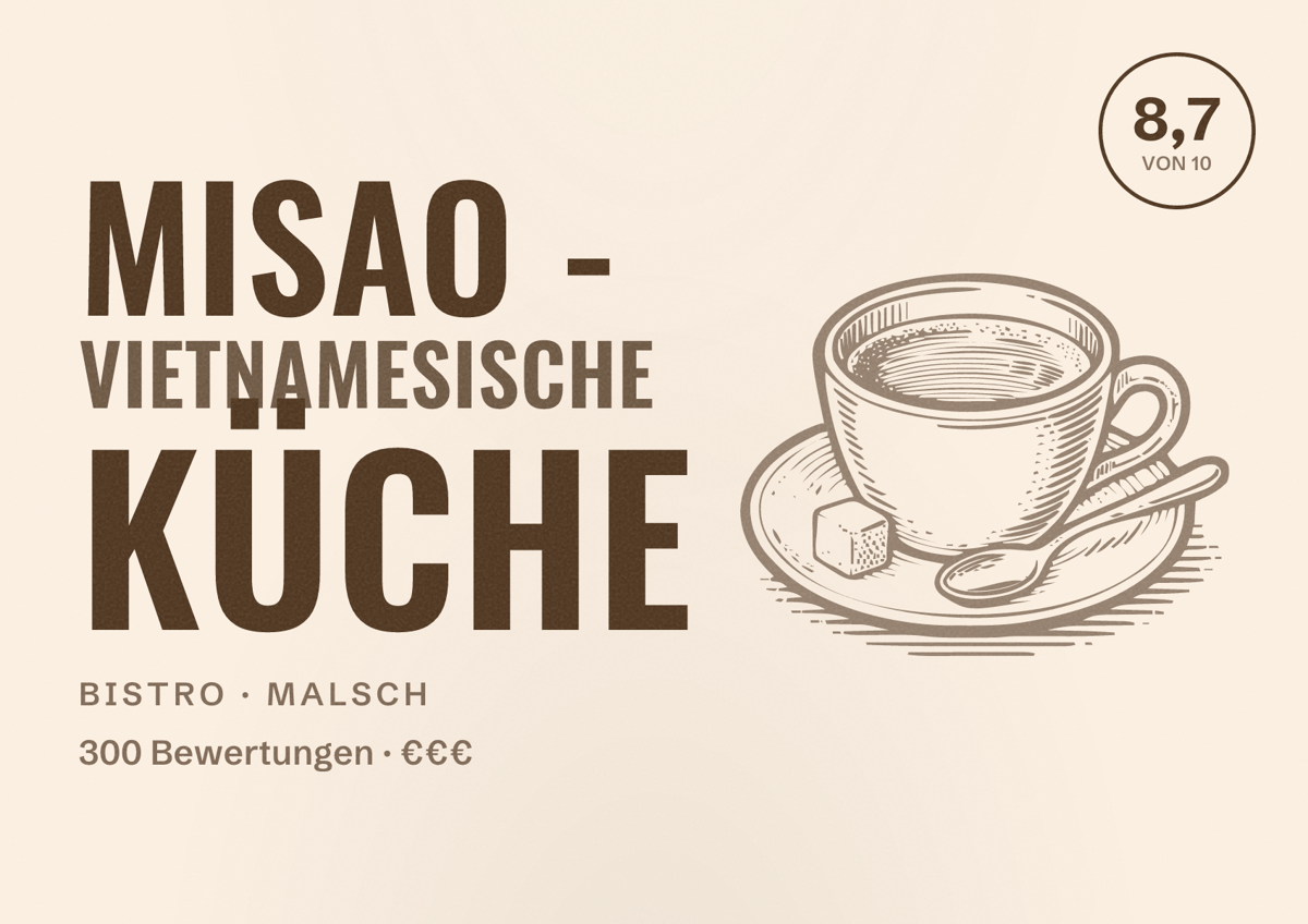 Illustriertes Poster von misao - vietnamesische Küche, Bistro in Malsch: Bewertung 8,7 von 10 aus 300 Bewertungen, Preisniveau €€€