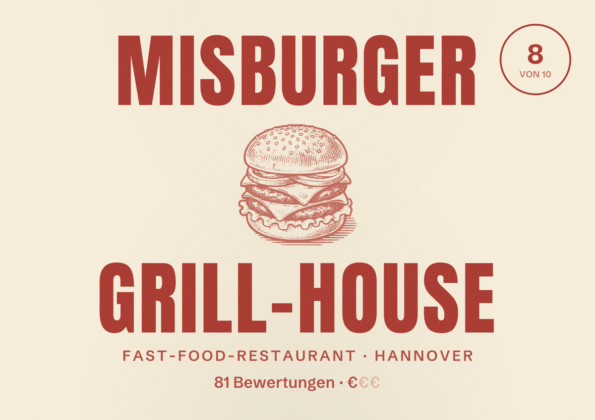 Illustriertes Poster von Misburger Grill-House, Fast-Food-Restaurant in Hannover: Bewertung 8 von 10 aus 81 Bewertungen, Preisniveau €