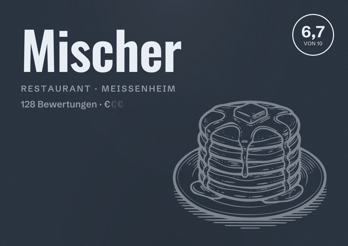 Illustriertes Poster von Mischer, Restaurant in Meißenheim: Bewertung 6,7 von 10 aus 128 Bewertungen, Preisniveau €