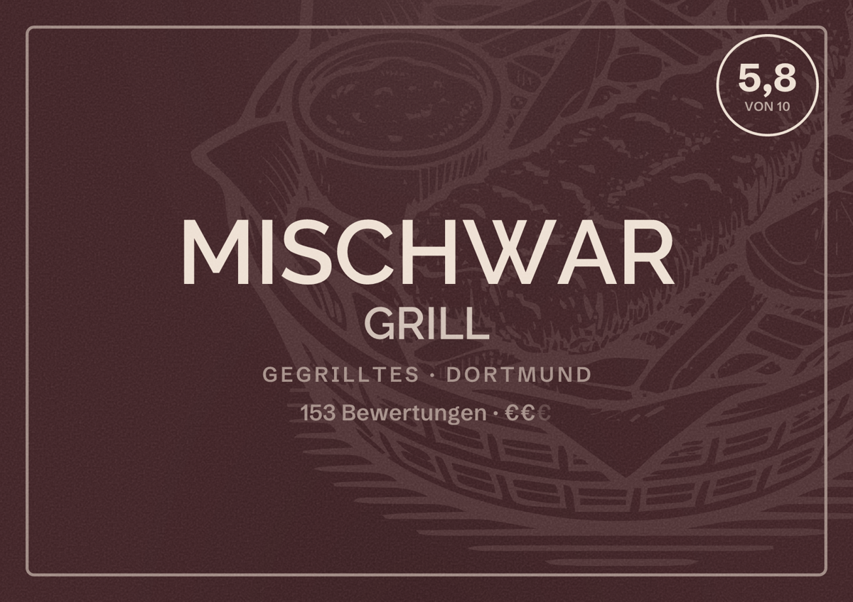 Illustriertes Poster von MISCHWAR GRILL, Gegrilltes in Dortmund: Bewertung 5,8 von 10 aus 153 Bewertungen, Preisniveau €€