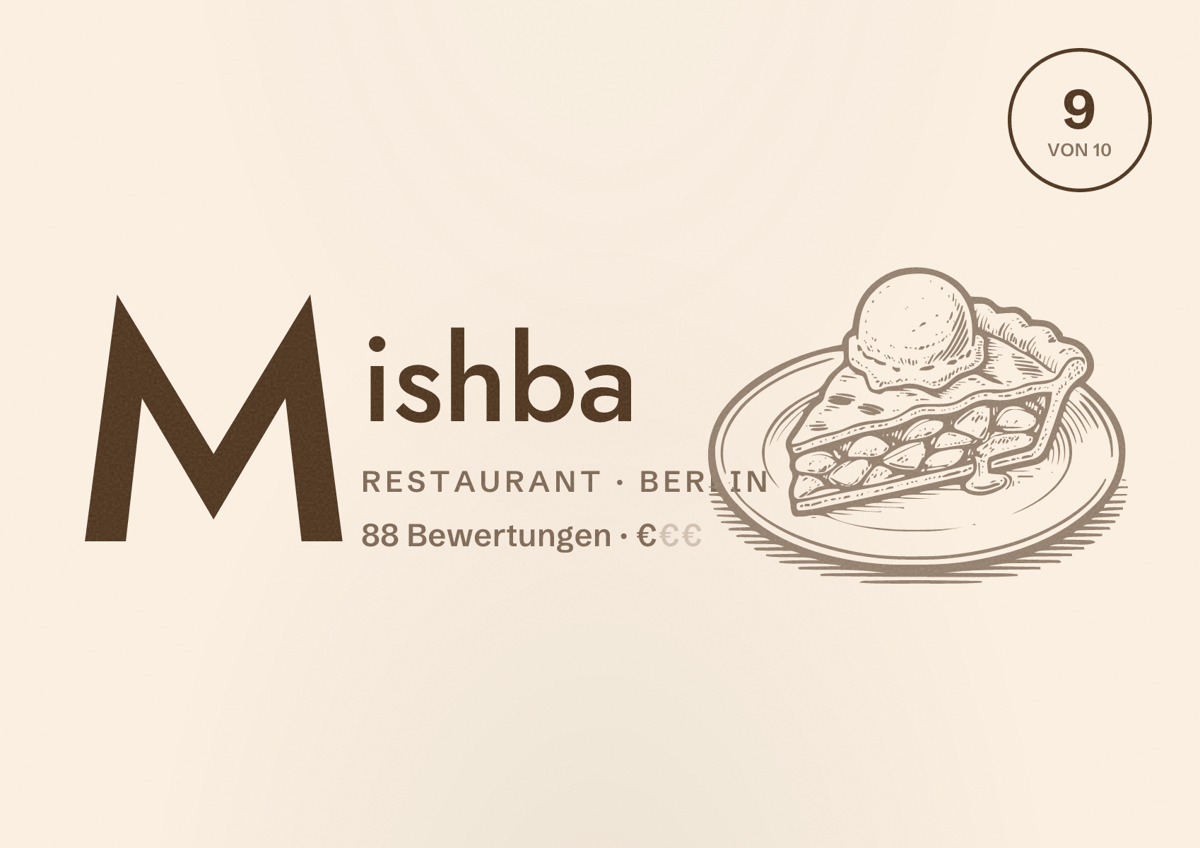 Illustriertes Poster von Mishba, Restaurant in Berlin: Bewertung 9,0 von 10 aus 88 Bewertungen, Preisniveau €