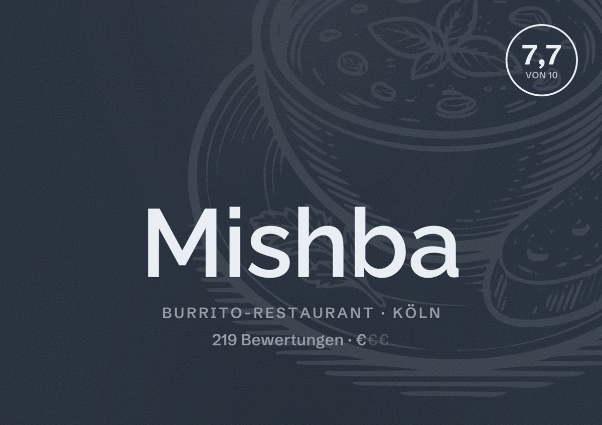 Illustriertes Poster von Mishba, Burrito-Restaurant in Köln: Bewertung 7,7 von 10 aus 219 Bewertungen, Preisniveau €
