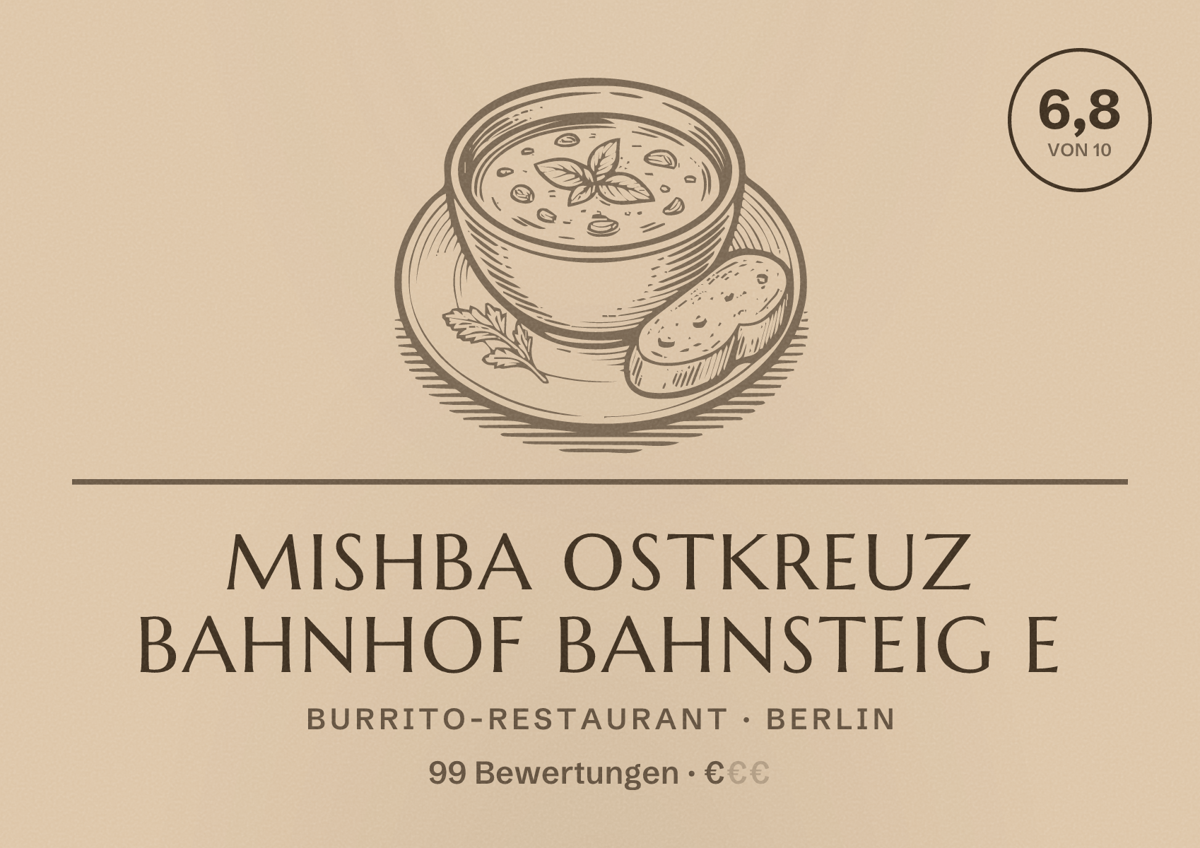 Illustriertes Poster von Mishba Ostkreuz Bahnhof Bahnsteig E, Burrito-Restaurant in Berlin: Bewertung 6,8 von 10 aus 99 Bewertungen, Preisniveau €