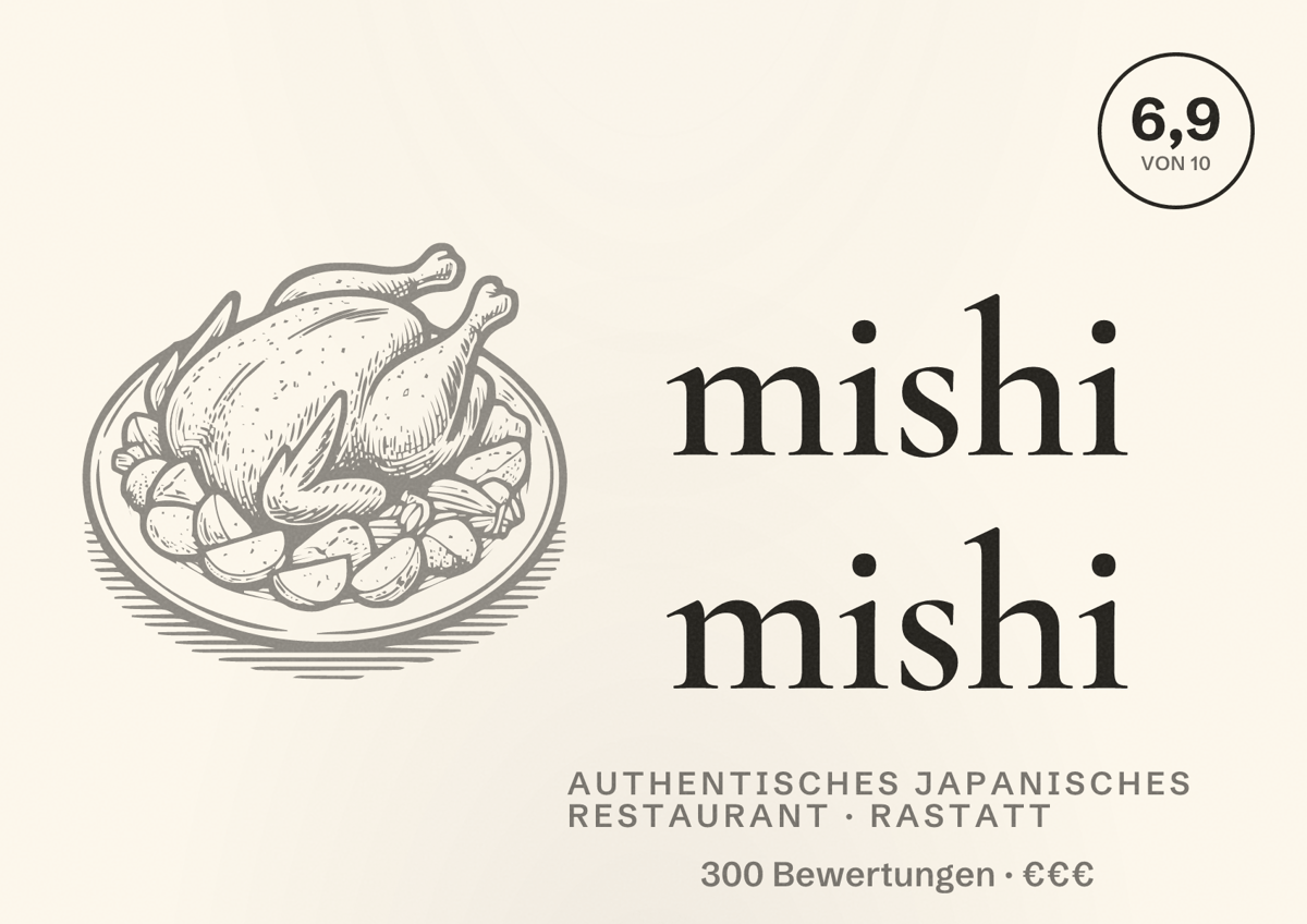 Illustriertes Poster von mishi mishi, Authentisches japanisches Restaurant in Rastatt: Bewertung 6,9 von 10 aus 300 Bewertungen, Preisniveau €€€