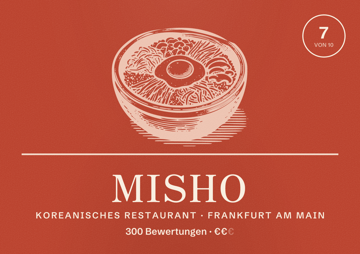 Illustriertes Poster von Misho, Koreanisches Restaurant in Frankfurt am Main: Bewertung 7,0 von 10 aus 300 Bewertungen, Preisniveau €€