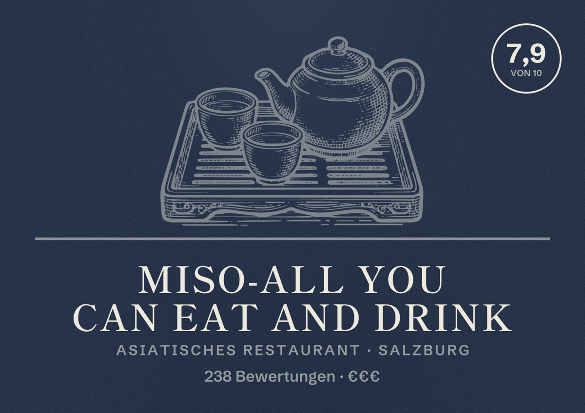 Illustriertes Poster von MISO-ALL YOU CAN EAT AND DRINK, Asiatisches Restaurant in Salzburg: Bewertung 7,9 von 10 aus 238 Bewertungen, Preisniveau €€€