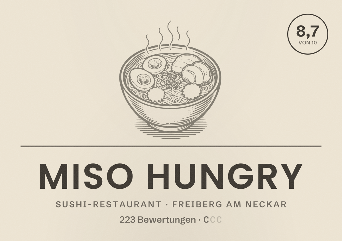 Illustriertes Poster von Miso Hungry, Sushi-Restaurant in Freiberg am Neckar: Bewertung 8,7 von 10 aus 223 Bewertungen, Preisniveau €