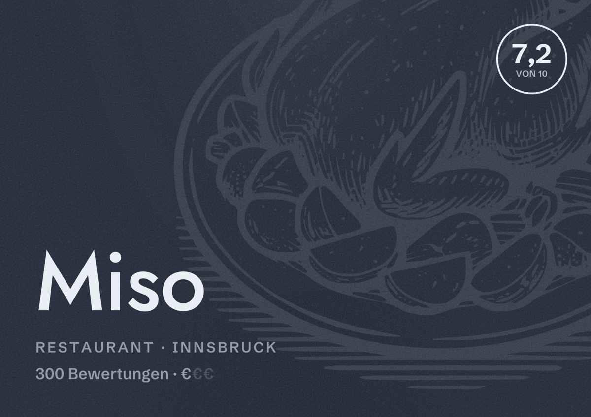 Illustriertes Poster von Miso, Restaurant in Innsbruck: Bewertung 7,2 von 10 aus 300 Bewertungen, Preisniveau €
