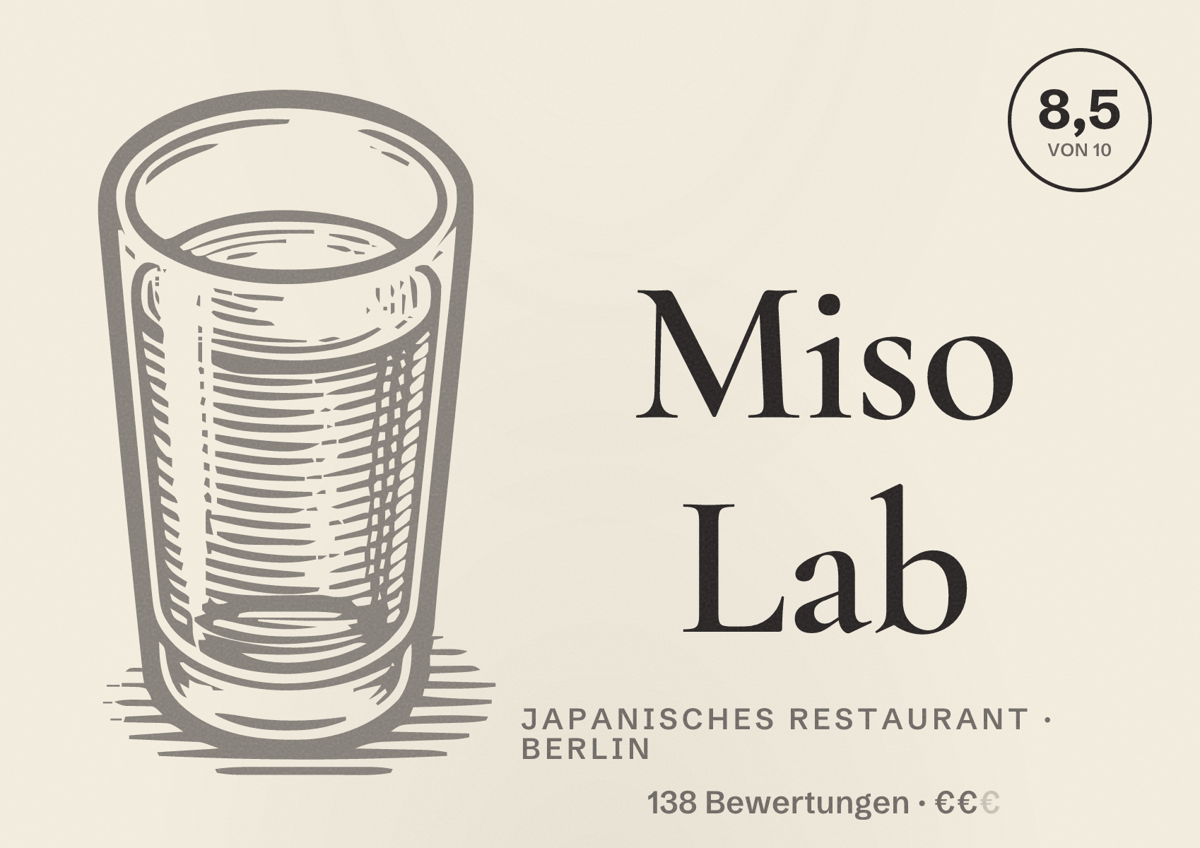 Illustriertes Poster von Miso Lab, Japanisches Restaurant in Berlin: Bewertung 8,5 von 10 aus 138 Bewertungen, Preisniveau €€