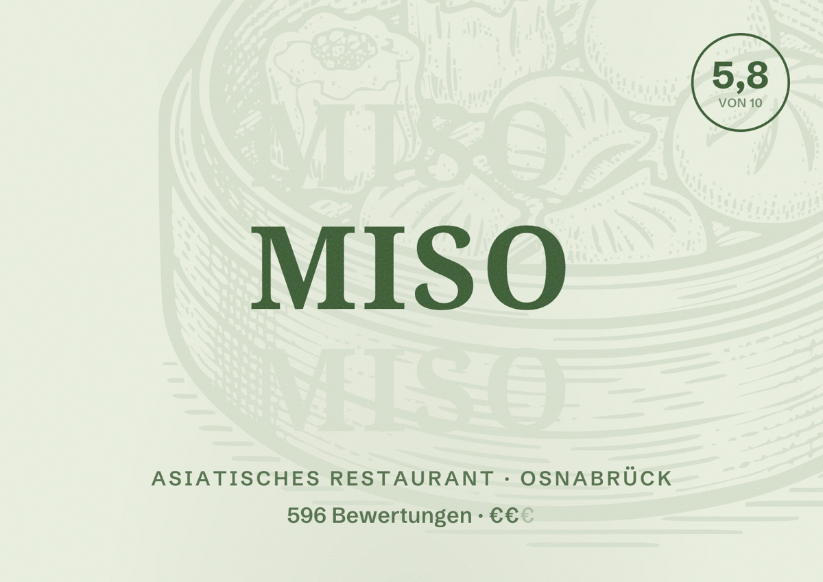 Illustriertes Poster von MISO, Asiatisches Restaurant in Osnabrück: Bewertung 5,8 von 10 aus 596 Bewertungen, Preisniveau €€