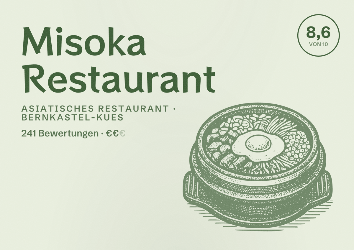 Illustriertes Poster von Misoka Restaurant, Asiatisches Restaurant in Bernkastel-Kues: Bewertung 8,6 von 10 aus 241 Bewertungen, Preisniveau €€