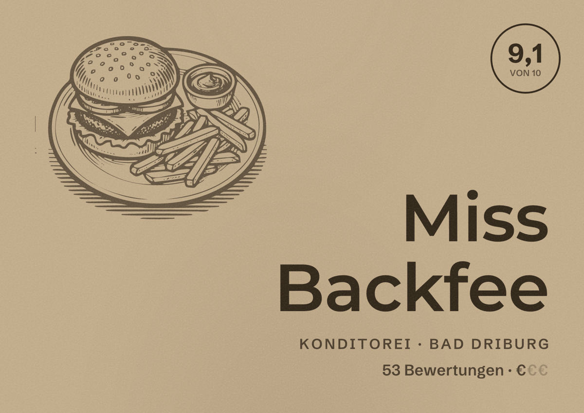 Illustriertes Poster von Miss Backfee, Konditorei in Bad Driburg: Bewertung 9,1 von 10 aus 53 Bewertungen, Preisniveau €