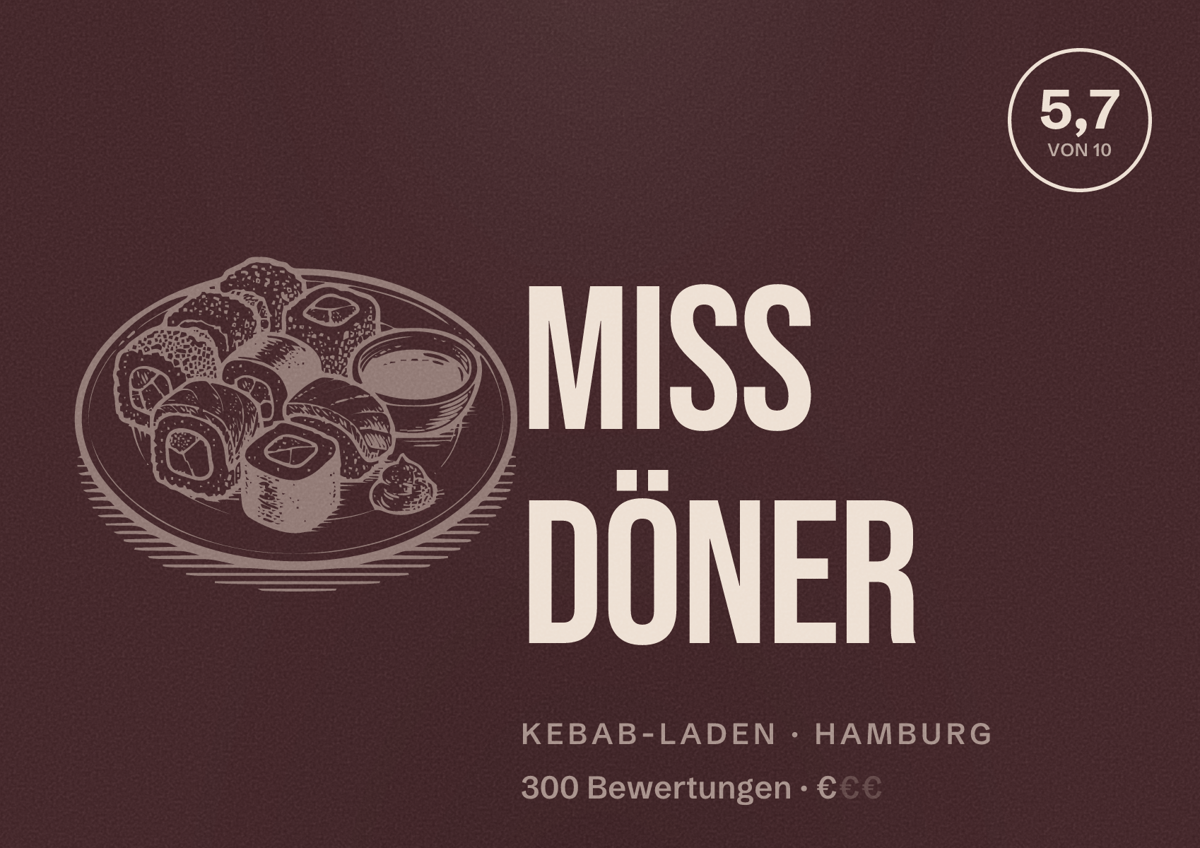 Illustriertes Poster von Miss Döner, Kebab-Laden in Hamburg: Bewertung 5,7 von 10 aus 300 Bewertungen, Preisniveau €