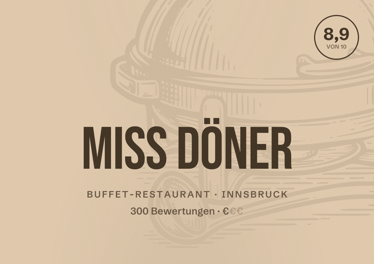 Illustriertes Poster von MISs Döner, Buffet-Restaurant in Innsbruck: Bewertung 8,9 von 10 aus 300 Bewertungen, Preisniveau €