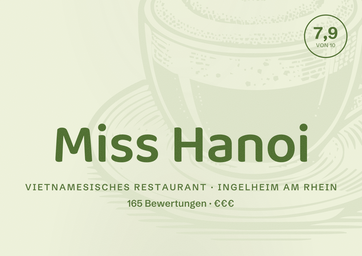 Illustriertes Poster von Miss Hanoi, Vietnamesisches Restaurant in Ingelheim am Rhein: Bewertung 7,9 von 10 aus 165 Bewertungen, Preisniveau €€€