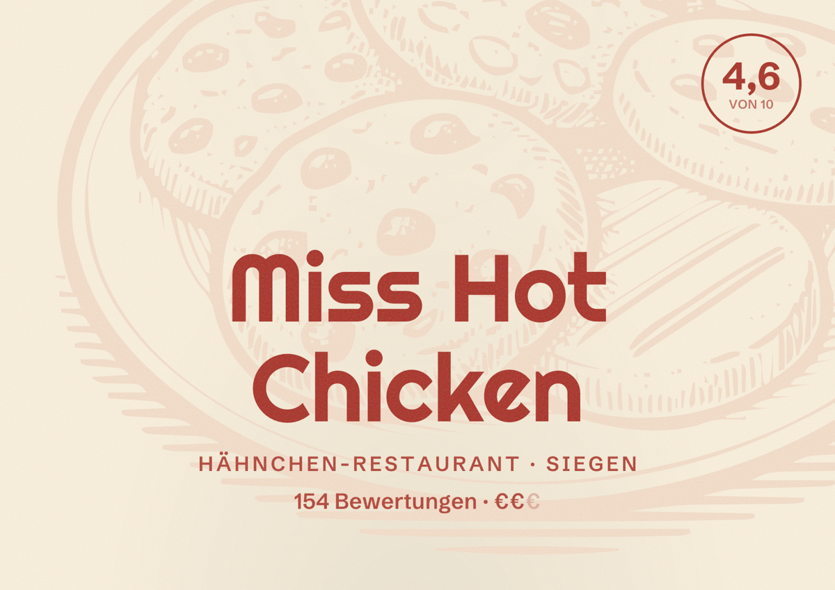 Illustriertes Poster von Miss Hot Chicken, Hähnchen-Restaurant in Siegen: Bewertung 4,6 von 10 aus 154 Bewertungen, Preisniveau €€