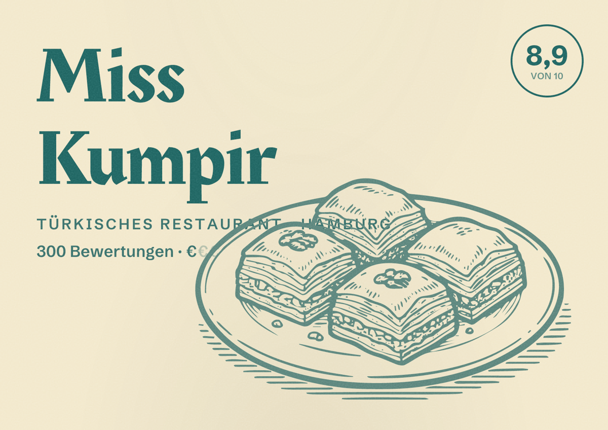 Illustriertes Poster von Miss Kumpir, Türkisches Restaurant in Hamburg: Bewertung 8,9 von 10 aus 300 Bewertungen, Preisniveau €