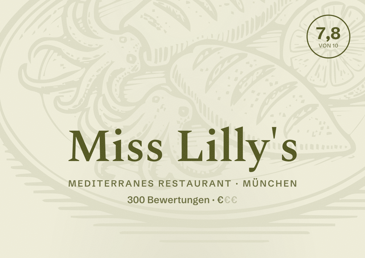 Illustriertes Poster von Miss Lilly's, Mediterranes Restaurant in München: Bewertung 7,8 von 10 aus 300 Bewertungen, Preisniveau €