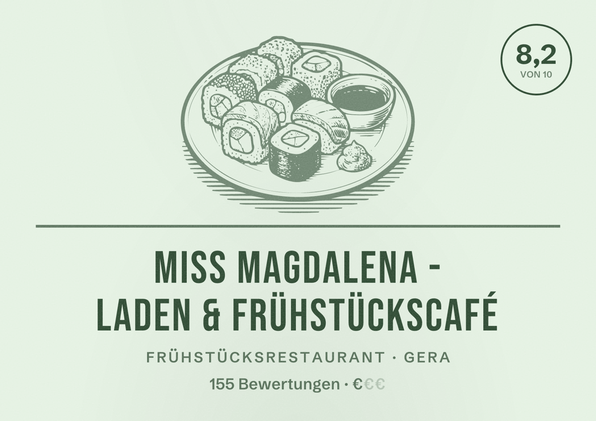 Illustriertes Poster von Miss Magdalena - Laden & Frühstückscafé, Frühstücksrestaurant in Gera: Bewertung 8,2 von 10 aus 155 Bewertungen, Preisniveau €