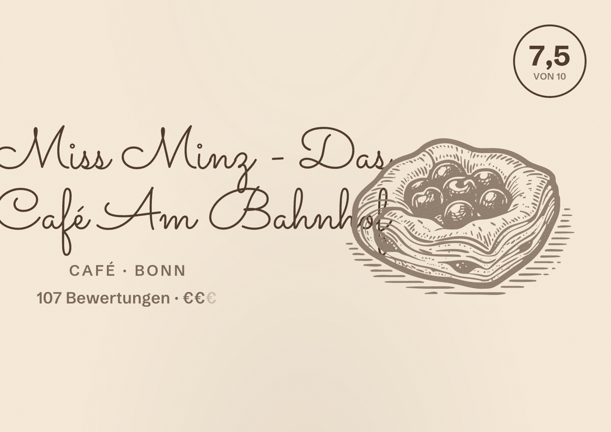 Illustriertes Poster von Miss Minz - Das Café Am Bahnhof, Café in Bonn: Bewertung 7,5 von 10 aus 107 Bewertungen, Preisniveau €€