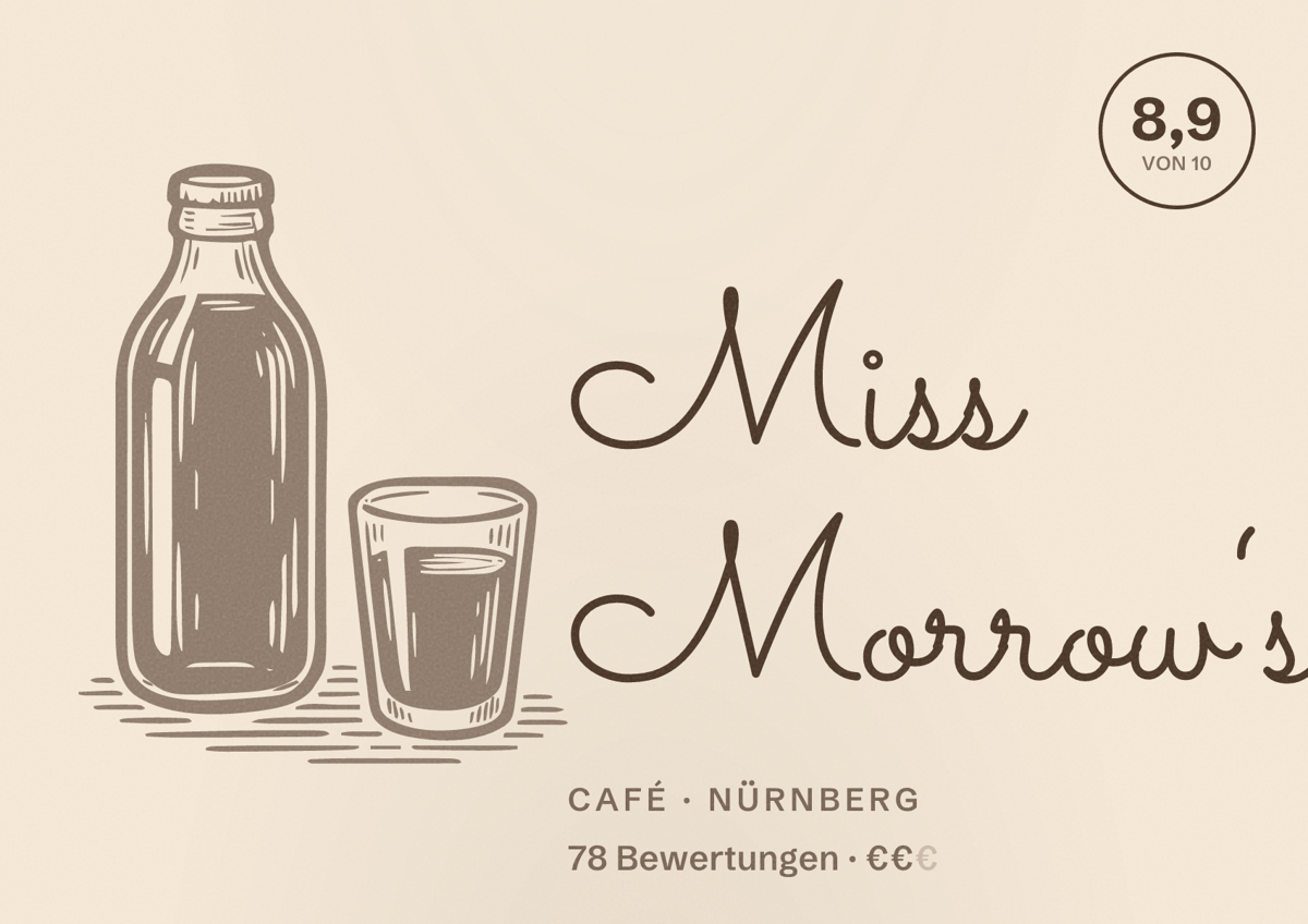 Illustriertes Poster von Miss Morrow‘s, Café in Nürnberg: Bewertung 8,9 von 10 aus 78 Bewertungen, Preisniveau €€