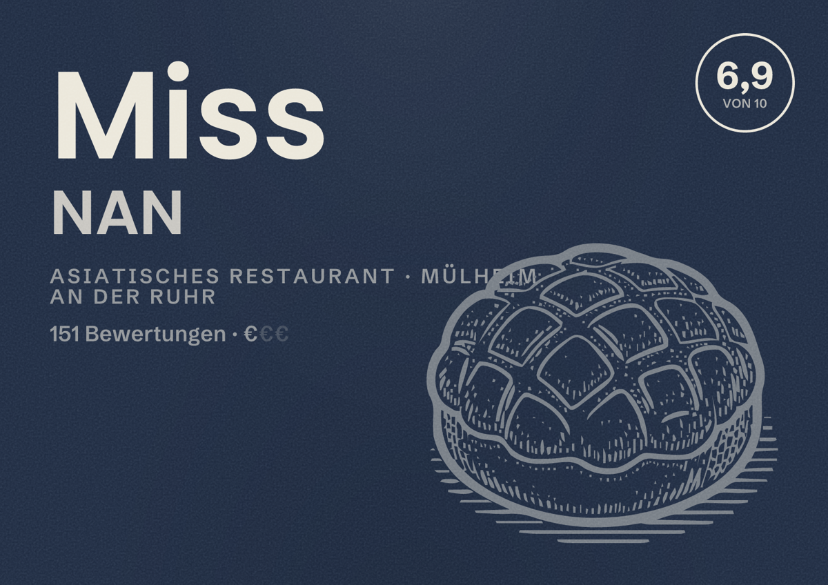 Illustriertes Poster von Miss NAN, Asiatisches Restaurant in Mülheim an der Ruhr: Bewertung 6,9 von 10 aus 151 Bewertungen, Preisniveau €