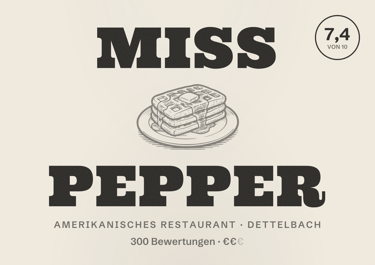 Illustriertes Poster von Miss Pepper, Amerikanisches Restaurant in Dettelbach: Bewertung 7,4 von 10 aus 300 Bewertungen, Preisniveau €€