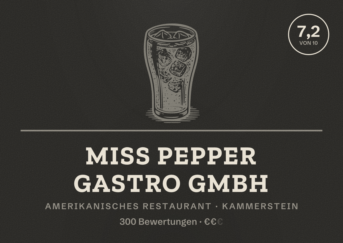 Illustriertes Poster von Miss Pepper Gastro GmbH, Amerikanisches Restaurant in Kammerstein: Bewertung 7,2 von 10 aus 300 Bewertungen, Preisniveau €€