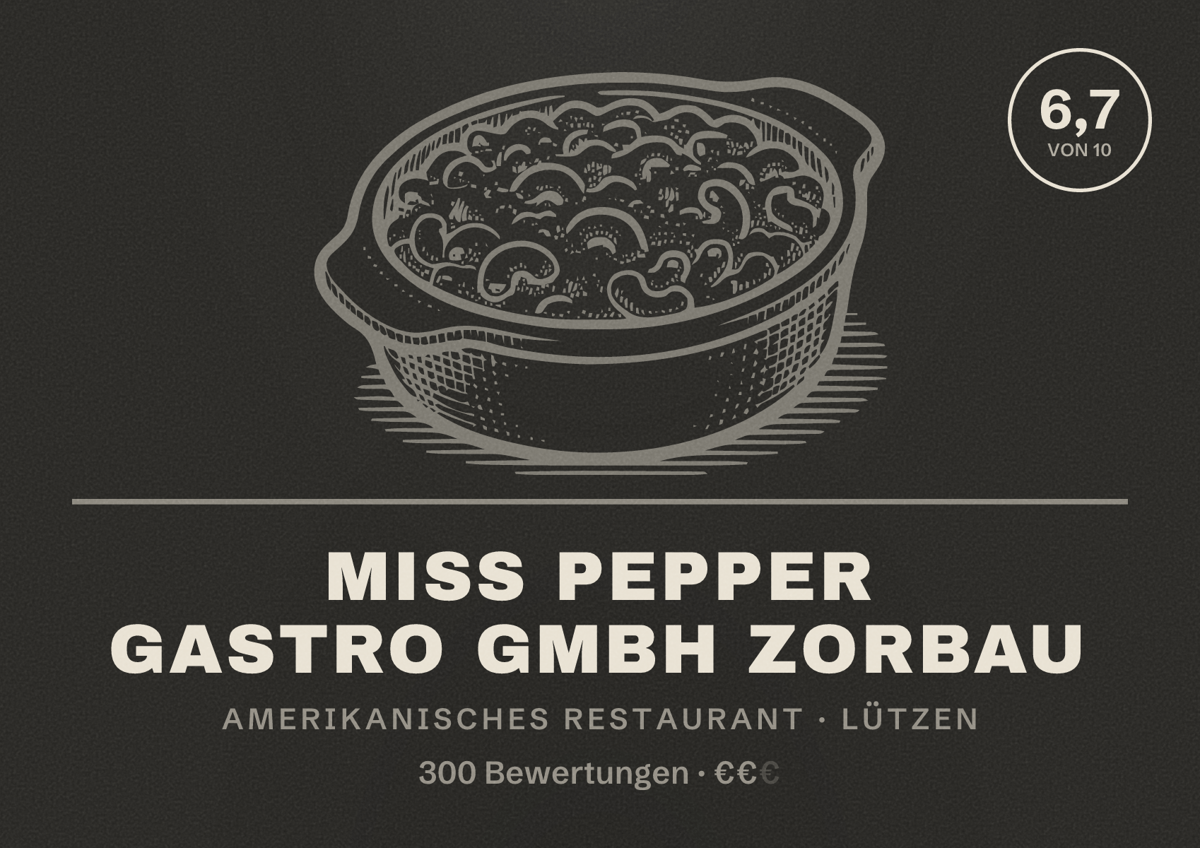 Illustriertes Poster von Miss PeppeR Gastro GmbH Zorbau, Amerikanisches Restaurant in Lützen: Bewertung 6,7 von 10 aus 300 Bewertungen, Preisniveau €€