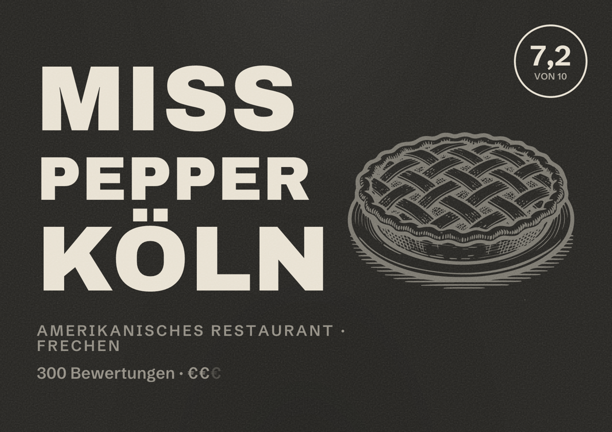 Illustriertes Poster von Miss PeppeR Köln, Amerikanisches Restaurant in Frechen: Bewertung 7,2 von 10 aus 300 Bewertungen, Preisniveau €€