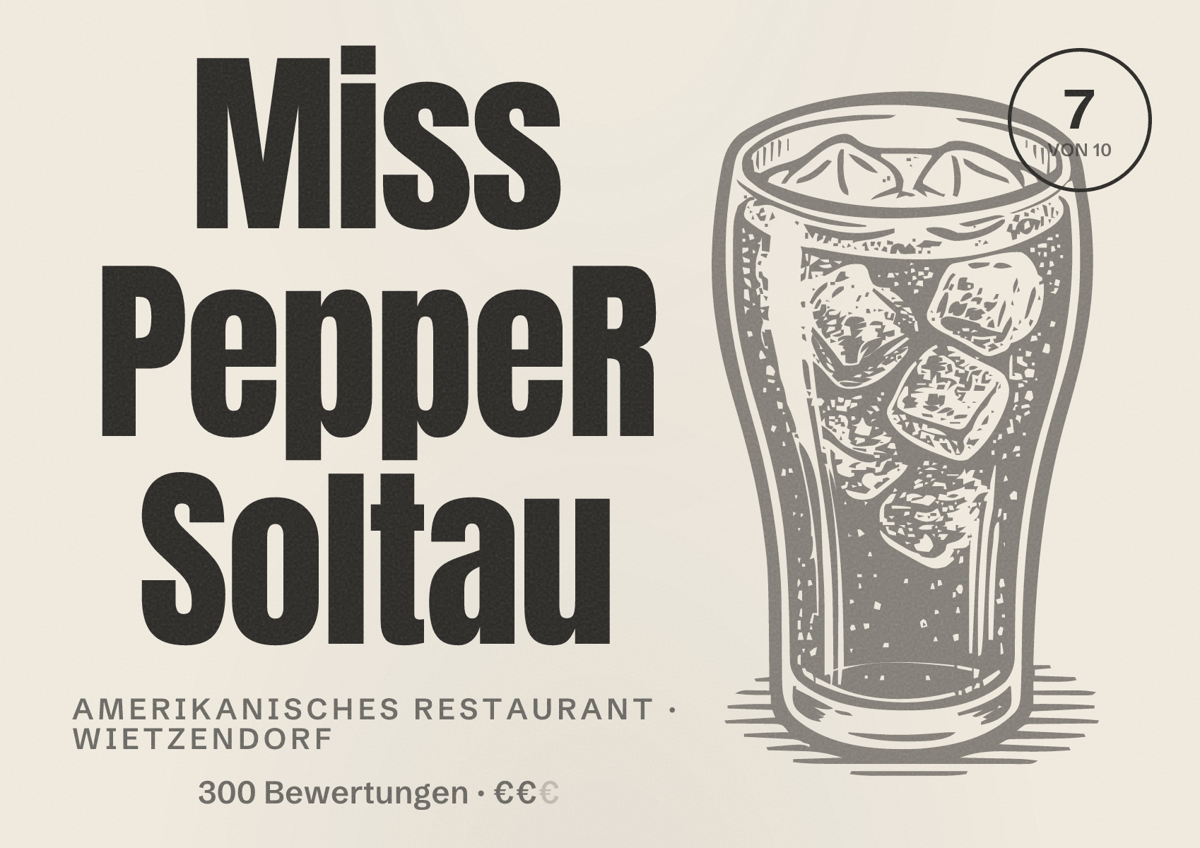 Illustriertes Poster von Miss PeppeR Soltau, Amerikanisches Restaurant in Wietzendorf: Bewertung 7 von 10 aus 300 Bewertungen, Preisniveau €€
