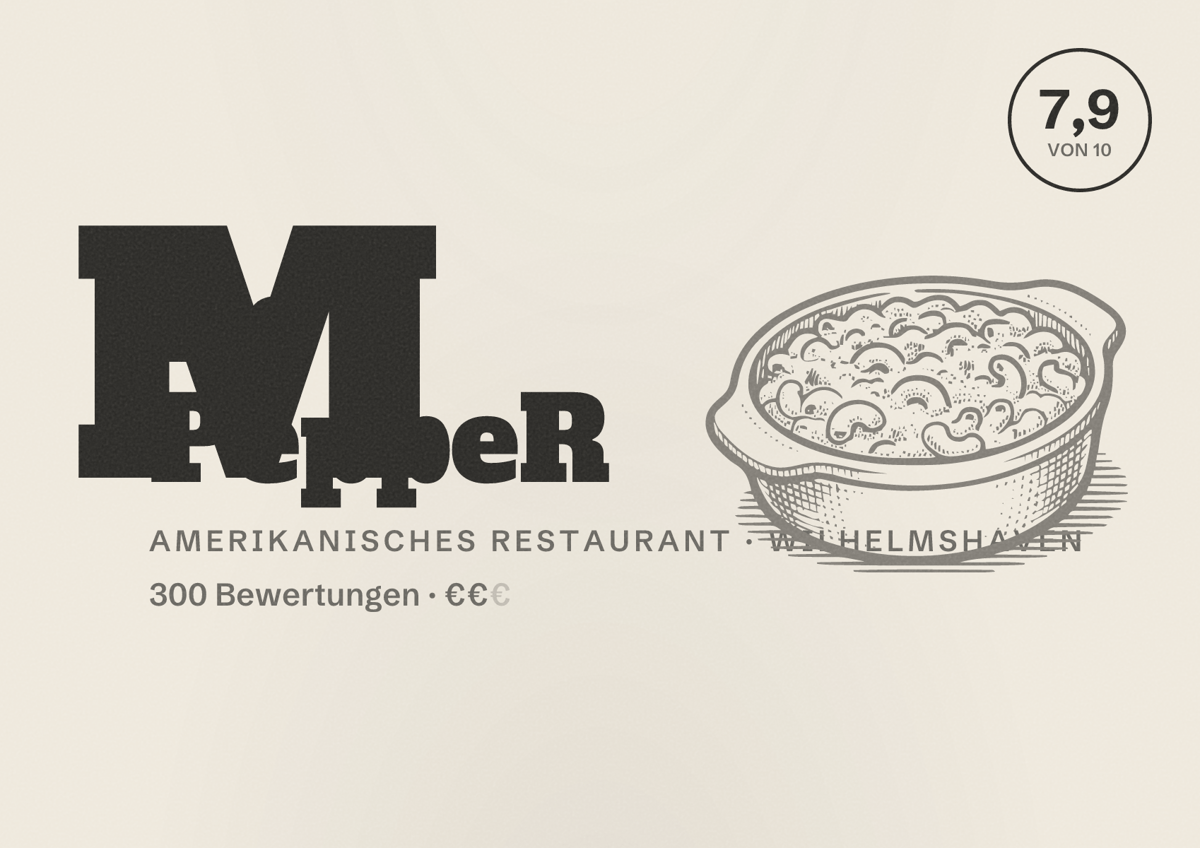 Illustriertes Poster von Miss PeppeR, Amerikanisches Restaurant in Wilhelmshaven: Bewertung 7,9 von 10 aus 300 Bewertungen, Preisniveau €€