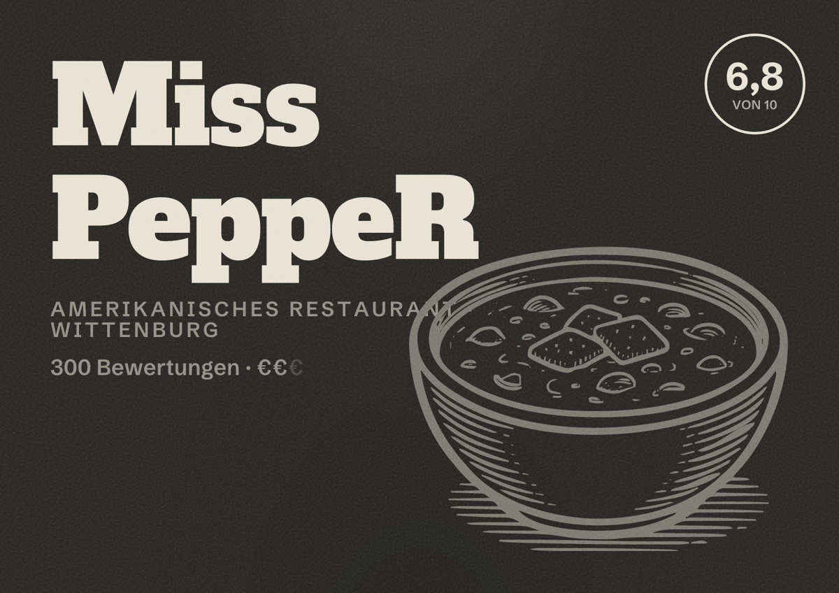 Illustriertes Poster von Miss PeppeR, Amerikanisches Restaurant in Wittenburg: Bewertung 6,8 von 10 aus 300 Bewertungen, Preisniveau €€