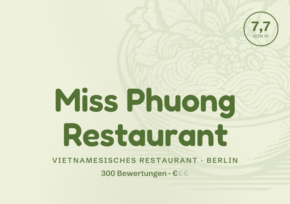 Illustriertes Poster von Miss Phuong Restaurant, Vietnamesisches Restaurant in Berlin: Bewertung 7,7 von 10 aus 300 Bewertungen, Preisniveau €