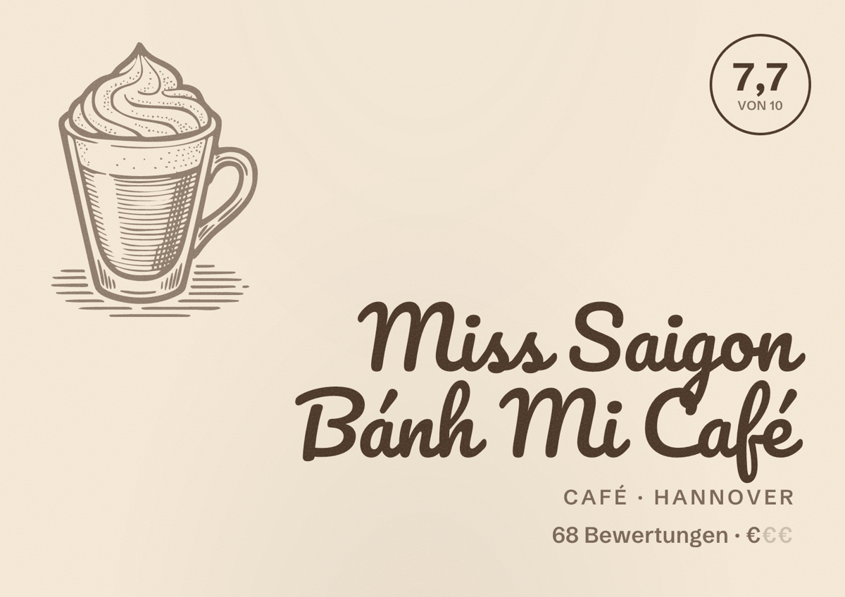 Illustriertes Poster von Miss Saigon Bánh Mi Café, Café in Hannover: Bewertung 7,7 von 10 aus 68 Bewertungen, Preisniveau €