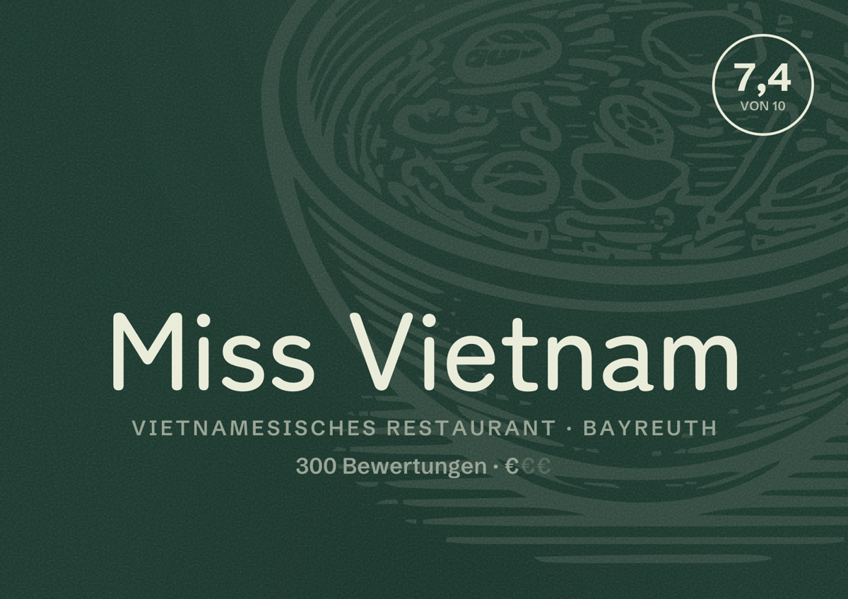 Illustriertes Poster von Miss Vietnam, Vietnamesisches Restaurant in Bayreuth: Bewertung 7,4 von 10 aus 300 Bewertungen, Preisniveau €