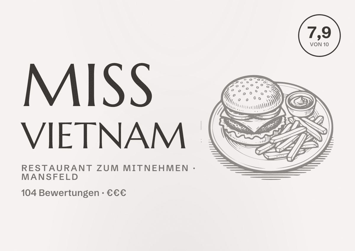 Illustriertes Poster von Miss Vietnam, Restaurant zum Mitnehmen in Mansfeld: Bewertung 7,9 von 10 aus 104 Bewertungen, Preisniveau €€€