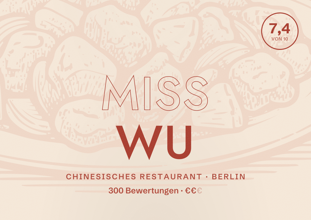 Illustriertes Poster von Miss Wu, Chinesisches Restaurant in Berlin: Bewertung 7,4 von 10 aus 300 Bewertungen, Preisniveau €€
