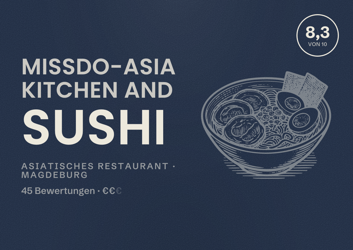 Illustriertes Poster von MissDo-Asia Kitchen and Sushi, Asiatisches Restaurant in Magdeburg: Bewertung 8,3 von 10 aus 45 Bewertungen, Preisniveau €€