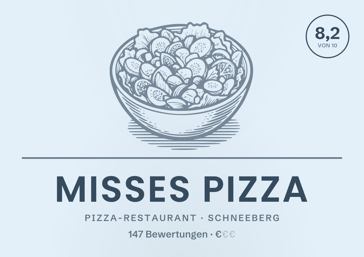 Illustriertes Poster von Misses Pizza, Pizza-Restaurant in Schneeberg: Bewertung 8,2 von 10 aus 147 Bewertungen, Preisniveau €