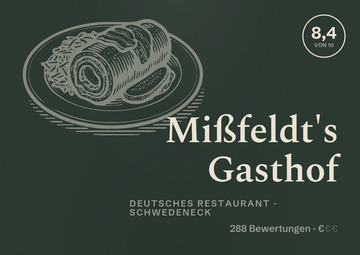 Illustriertes Poster von Mißfeldt's Gasthof, Deutsches Restaurant in Schwedeneck: Bewertung 8,4 von 10 aus 288 Bewertungen, Preisniveau €