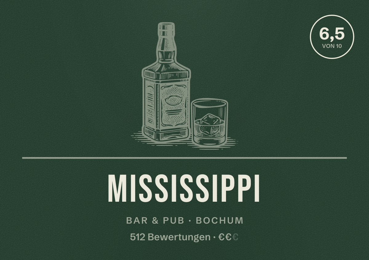 Illustriertes Poster von Mississippi, Bar & Pub in Bochum: Bewertung 6,5 von 10 aus 512 Bewertungen, Preisniveau €€