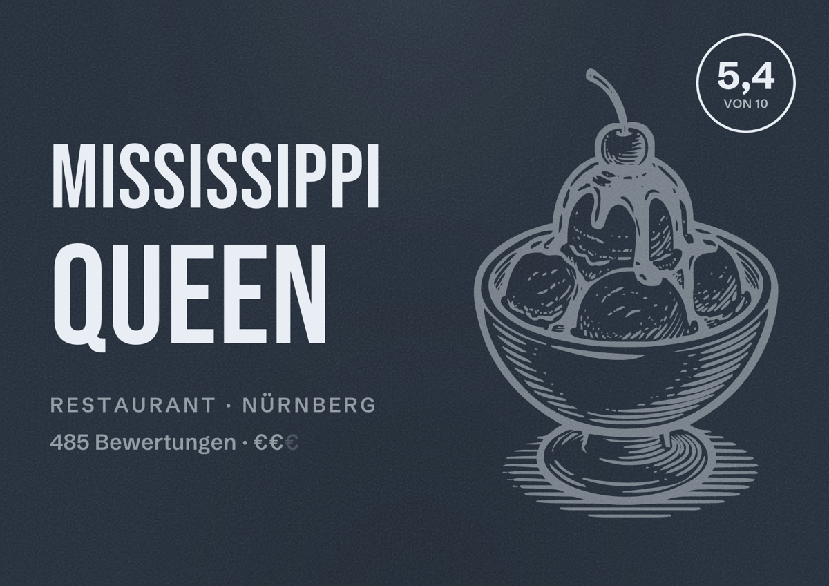 Illustriertes Poster von Mississippi Queen, Restaurant in Nürnberg: Bewertung 5,4 von 10 aus 485 Bewertungen, Preisniveau €€