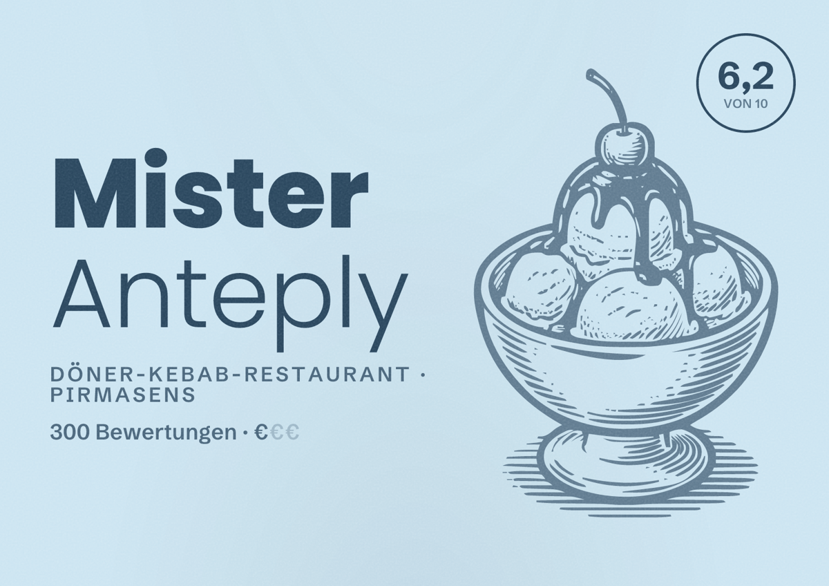 Illustriertes Poster von Mister Anteply, Döner-Kebab-Restaurant in Pirmasens: Bewertung 6,2 von 10 aus 300 Bewertungen, Preisniveau €