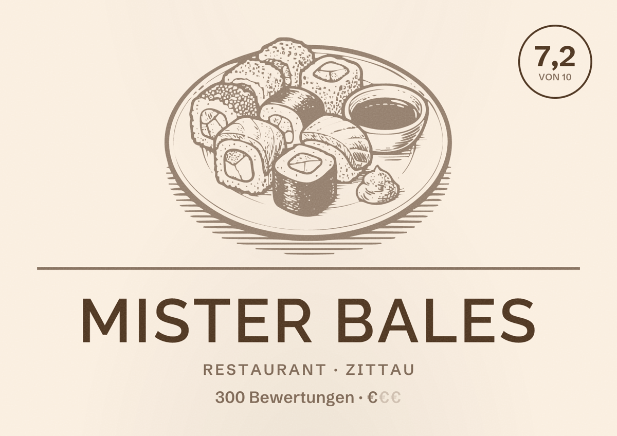 Illustriertes Poster von Mister Bales, Restaurant in Zittau: Bewertung 7,2 von 10 aus 300 Bewertungen, Preisniveau €