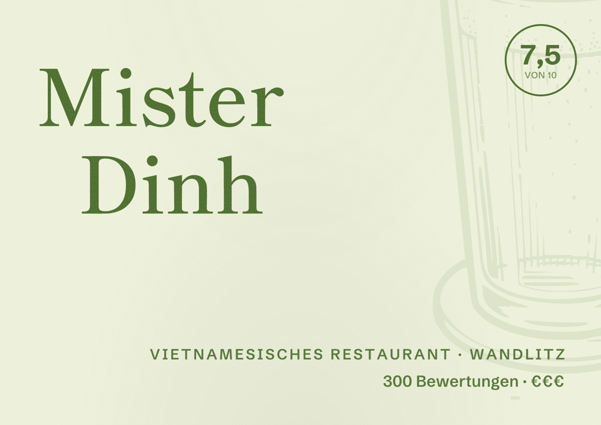 Illustriertes Poster von Mister Dinh, Vietnamesisches Restaurant in Wandlitz: Bewertung 7,5 von 10 aus 300 Bewertungen, Preisniveau €€€